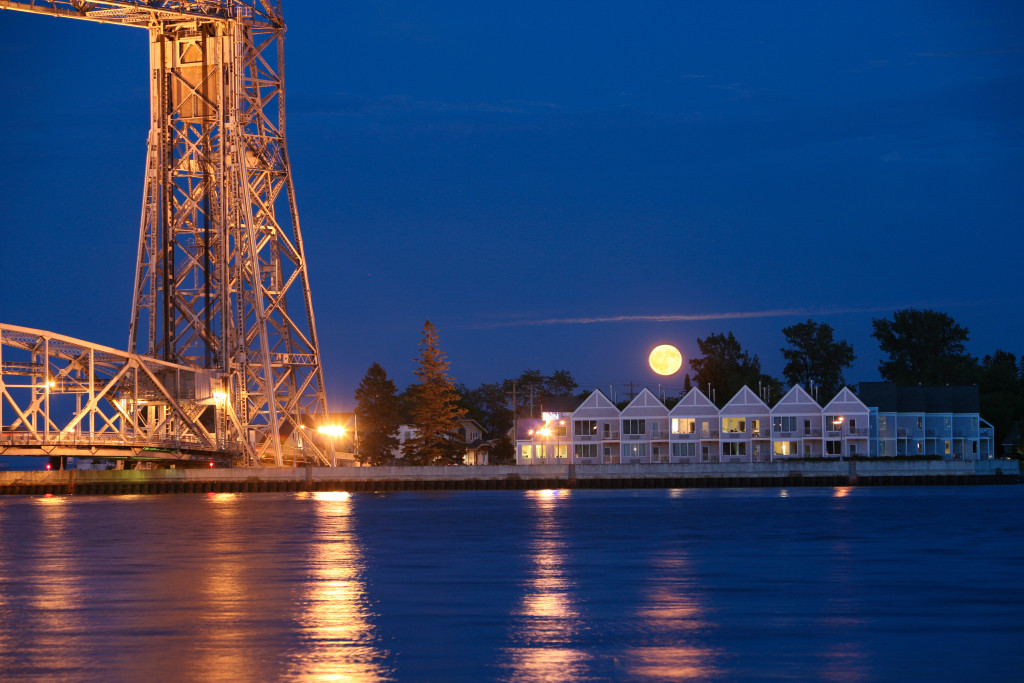 Aerial Lift Bridge at NIght over Lake Superior