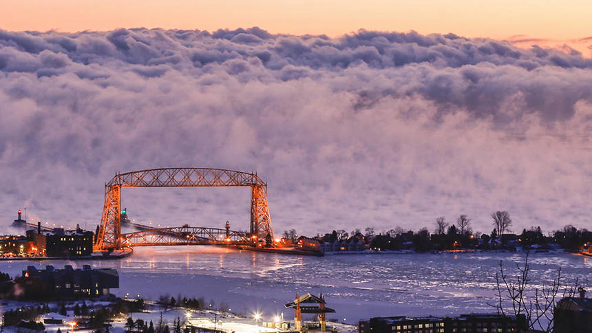 View of the liftbridge and clouds over Lake Superior