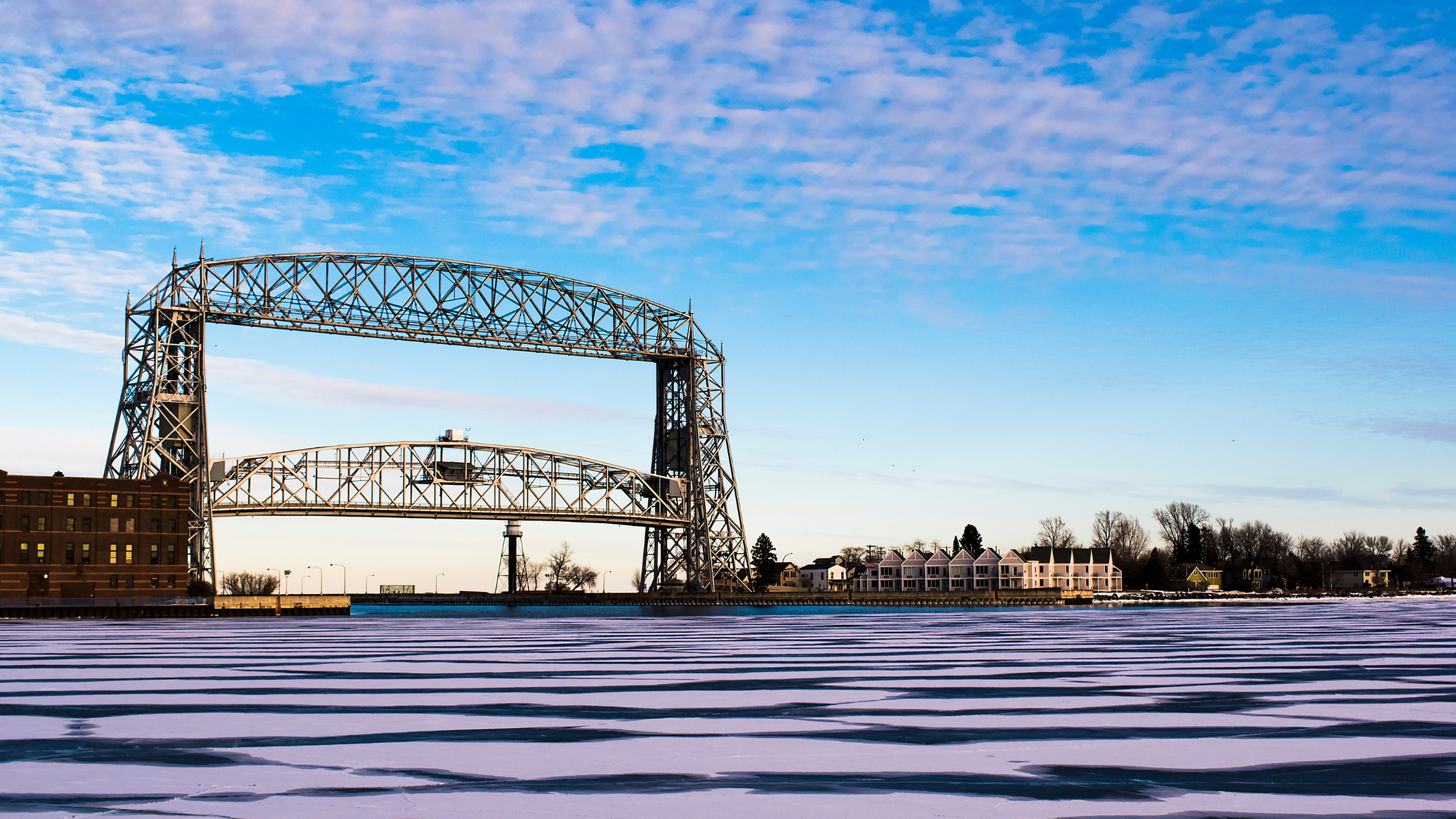 View of the lift bridge and icy Lake Superior